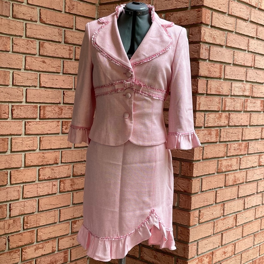 Kay Unger skirt suit pink/white gingham woven ruffle BOW asymmetrical hem